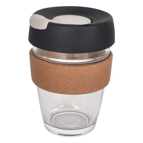 Zimoer 340ML Wiederverwendbarer Kaffeebecher Glasbecher, Hitzebeständiger Reisekaffeebecher aus Glas mit Korkband und Deckel, Auslaufsicherem Reisekaffeetasse mit Deckel, für Travel Home Office von Zimoer