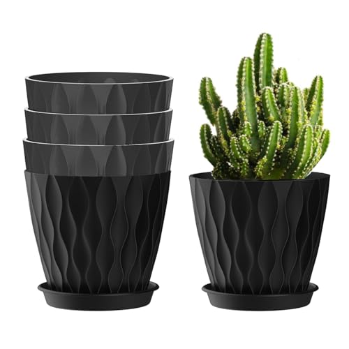 Zinaroty 5 Pack Kunststoff-Pflanztöpfe, 15cm Moderne Blumentöpfe mit Entwässerungslöchern und Untersetzer für Innen- und Außenpflanzen (Black) von Zinaroty