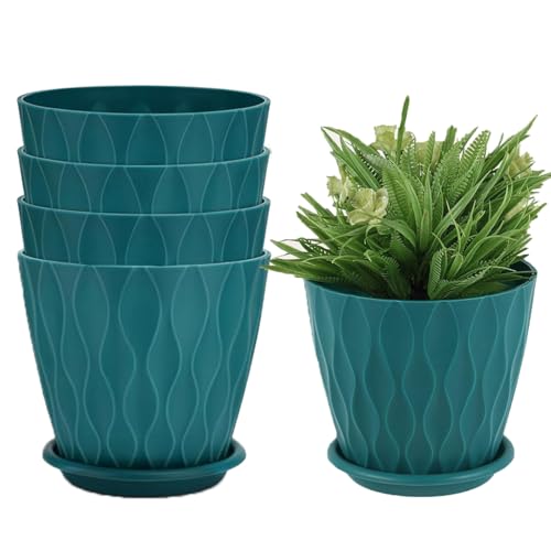 Zinaroty 5 Pack Kunststoff-Pflanztöpfe, 15cm Moderne Blumentöpfe mit Entwässerungslöchern und Untersetzer für Innen- und Außenpflanzen (Blau) von Zinaroty