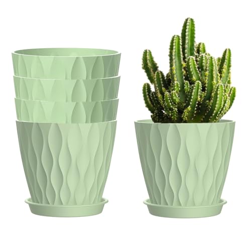 Zinaroty 5 Pack Kunststoff-Pflanztöpfe, 15cm Moderne Blumentöpfe mit Entwässerungslöchern und Untersetzer für Innen- und Außenpflanzen (Light Green) von Zinaroty