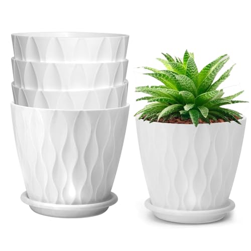 Zinaroty 5 Pack Kunststoff-Pflanztöpfe, 15cm Moderne Blumentöpfe mit Entwässerungslöchern und Untersetzer für Innen- und Außenpflanzen (Weiß) von Zinaroty