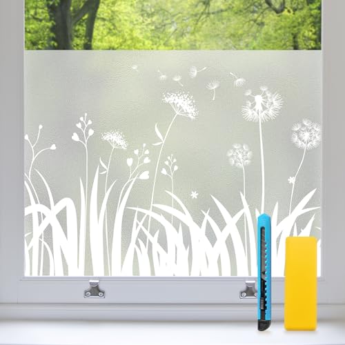 Zindoo Fensterfolie Blickdicht Löwenzahn Sichtschutzfolie Fenster 59.5 x 120 cm 2er Set Statische ohne Klebstoff Milchglasfolie Anti-UV Geeignet für Badezimmer, Büro Wohnzimmer, Umkleide von Zindoo