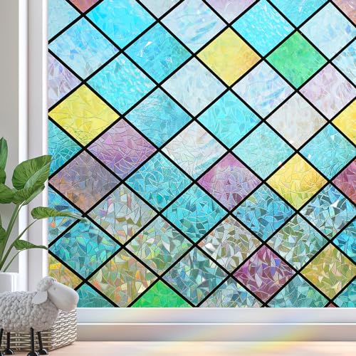Zindoo Fensterfolie Blickdicht Ohne Klebstoffe 3D Regenbogenfarben Effekt unter Licht, Sichtschutzfolie Fenster Bunt, Statisch Folie Anti-UV 44.5 x 200cm von Zindoo