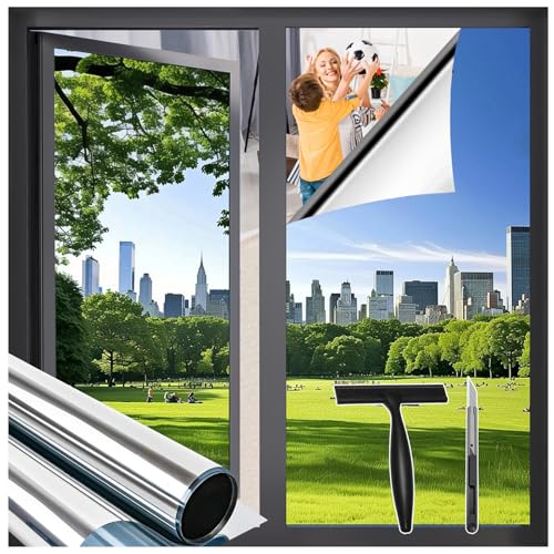Zindoo Fensterfolie von Innen Durchsichtig von aussen Blickdicht Tageszeit, 59.5 x 200 cm UV-Schutz Sichtschutzfolie Selbstklebend Silber Thermofolie, Rückstandslose Sonnenschutz Folie von Zindoo