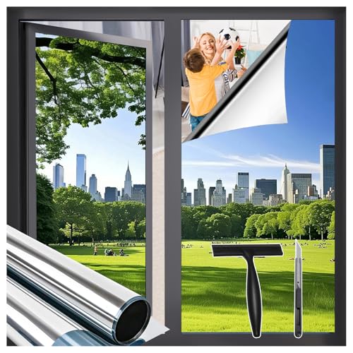 Zindoo Fensterfolie von Innen Durchsichtig von aussen Blickdicht Tageszeit, 90 x 120 cm 2er Set UV-Schutz Sichtschutzfolie Selbstklebend Silber Thermofolie, Rückstandslose Sonnenschutz Folie von Zindoo