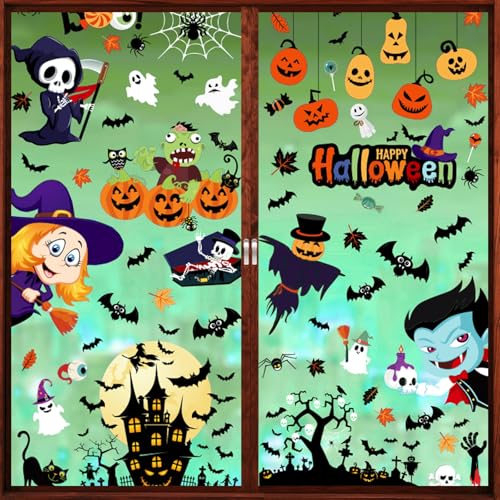 Zindoo Halloween Deko Fensterbilder Kinderzimmer, 9 Blätter 101 PCS Kein Kleber Doppelseitige Aufkleber, Reichhaltig und Vielfältig Halloween Fensteraufkleber Dekoration für Fenster, Glas, Tür von Zindoo