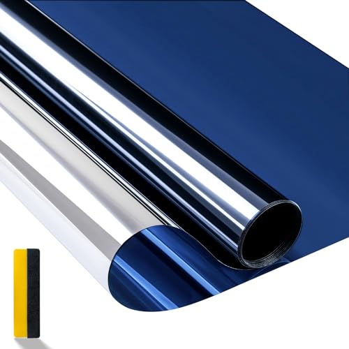 Zindoo Spiegelfolie Fensterfolie von innen durchsichtig von aussen Blickdicht Sonnenschutzfolie Selbsthaftend UV-Schutz Fensterfolie Trübes Blau Silber 40 x 200 cm von Zindoo