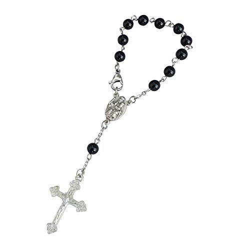 Zinngeschenke Auto Rosenkranz zehner Rosenkranz gefertigt aus echten Onyx Perlen (L) 14 cm Kreuz Autorosenkranz Kruzifix Rosenkranz Autospiegel, Edelstahl, Unisex von Zinngeschenke