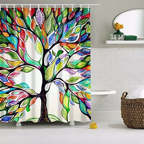 Zinsale Wasserdichter Digital Bedruckter Badvorhang Polyester Duschvorhang mit 12 Ringen (Bunter Baum, 180x180cm) von Zinsale