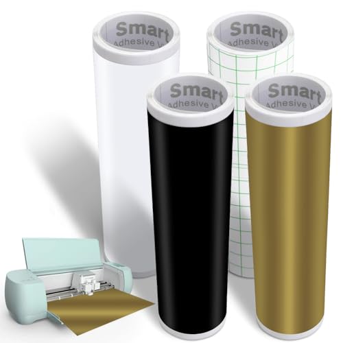 4 Rollen Smart Vinyl Permanent für Cricut Explore 3/Maker 3, Smart Adhesive Vinyl Permanent 33x100cm Schwarz+Weiß+Gold+Transferfolie Vinyl Plotterfolie Selbstklebend Set für DIY Tassen Autos Banner 4 Rollen Smart Vinyl Permanent für Cricut Explore 3/Maker 3, Smart Adhesive Vinyl Permanent 33x100cm Schwarz+Weiß+Gold+Transferfolie Vinyl Plotterfolie Selbstklebend Set für DIY Tassen Autos Banner von Zinueen