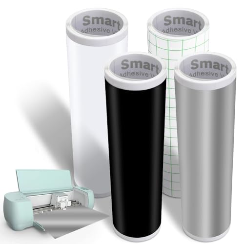 4 Rollen Smart Vinyl Permanent für Cricut Explore 3/Maker 3, Smart Adhesive Vinyl Permanent 33x100cm Schwarz+Weiß+Silber+Transferfolie Vinyl Plotterfolie Selbstklebend Set für DIY Tassen Autos Banner von Zinueen