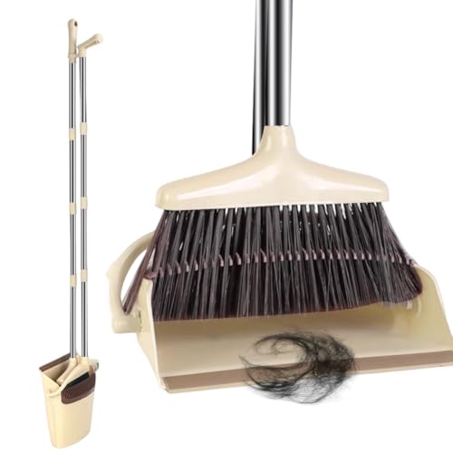 Besen und Kehrschaufel Set mit Stiel, 140cm Handfeger Langer Stiel – Broom & Kehrschaufel mit Langem, Schaufel und Besen Set, 4-lagige PET-Borsten, Teleskopstange, Haushalt & Büro(Beige) von Zinueen