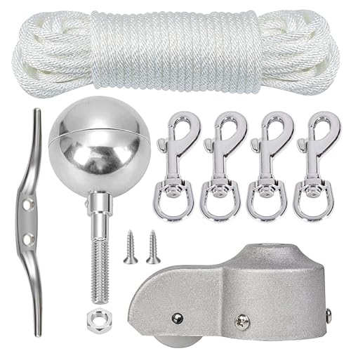 Fahnenmast Zubehör Set Silber – Komplettes Reparaturset mit Kugel, Seil, Klampe, Karabiner & Aluminium-Topper mit Seilrolle – Flaggenmast Ersatzteile für Außenbereich & Heimgebrauch von Zinueen