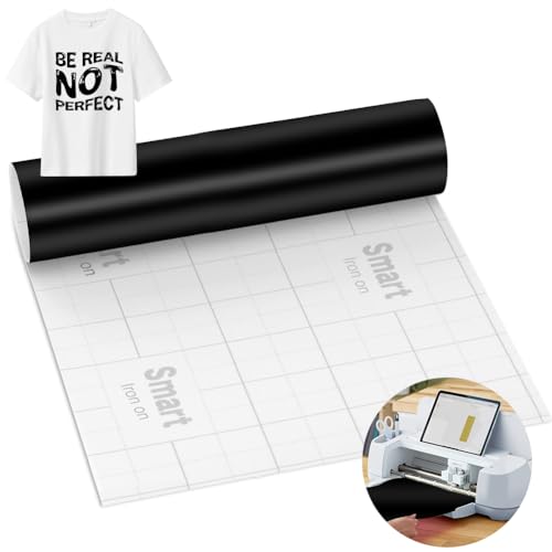 Schwarz Smart Iron on für Cricut Explore 3/Maker 3, Smart Heat Transfer Vinyl Rollen HTV 33x200cm Smart Iron on Vinylfolie Plotter Selbstklebend PU Plotterfolie Textil für DIY Stoffe T-Shirts von Zinueen