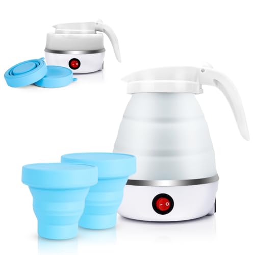 Tragbarer, Faltbarer Elektrischer Wasserkocher, 6 Minuten Schnelles Kochen von Wasser, Teekanne, Kaffeekanne für Camping oder Reise, 850W Mini BPA-frei Silikon Blau (Weiß) von Zinueen