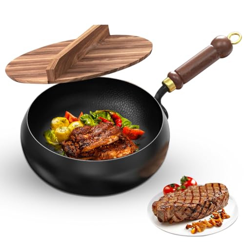 Zinueen Traditionelle handgeschmiedete Eisenpfanne ohne Beschichtung – Big Belly Brat- & Universalpfanne zum Anbraten, Sautieren (26,5 cm) – Handgeschmiedete Eisenpfannen von Zinueen