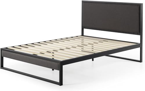 Zinus Christina Bett 160 x 190 cm – Bettgestell 36 cm hoch – Bettgestell mit gepolstertem Plattformbett mit Kopfteil und Lattenrost aus Holz – Dunkelgrau von Zinus