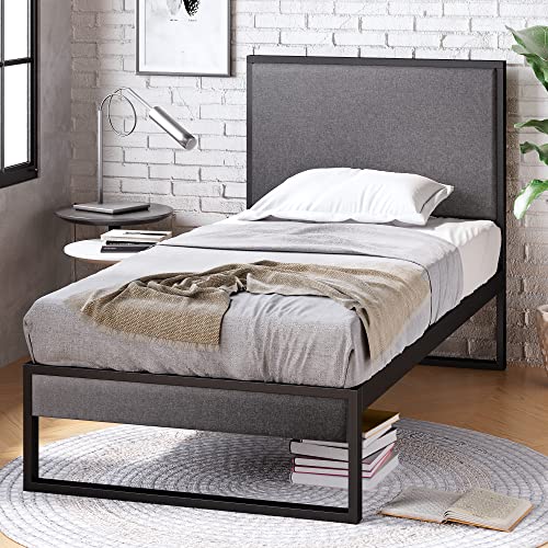 Zinus Christina Bett 90x200 cm - Höhe 36cm mit Stauraum unter dem Bett - Metall Plattform Bettgestell mit gepolstertem Kopfteil - Schwarz und Grau von Zinus