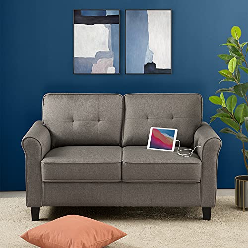 ZINUS Sayan Loveseat Sofa mit USB-Anschlüssen | Mid-Century | Einfache Montage ohne Werkzeug | Getuftete Kissen | Abgerundete Armlehnen | Sofa in einer Box | Sand Grey von Zinus