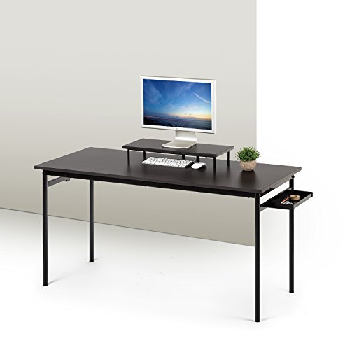 ZINUS Tresa 140 x 60 cm Schwarzer Metallschreibtisch mit Ablage und Bildschirmaufsatz | Arbeitsplatz mit espressofarbenem Finish | Computertisch | Einfache Montage von Zinus