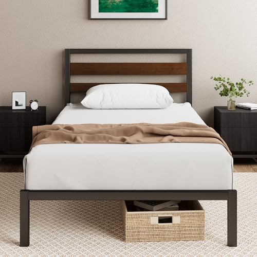 Zinus Kai Bett 90 x 200 cm – 80 cm hoch – Nachhaltiger Bettrahmen aus Bambus und Metall mit Kopfteil – Metallbett mit Lattenrost – Unterbett Freiraum – Einfache Montage – Schwarz und Braun von Zinus