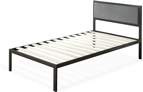 Zinus Korey Bett 90x200 cm - Höhe 36 cm mit Stauraum unter dem Bett - Metall Plattform Bettgestell mit gepolstertem Kopfteil - Schwarz und Grau von Zinus
