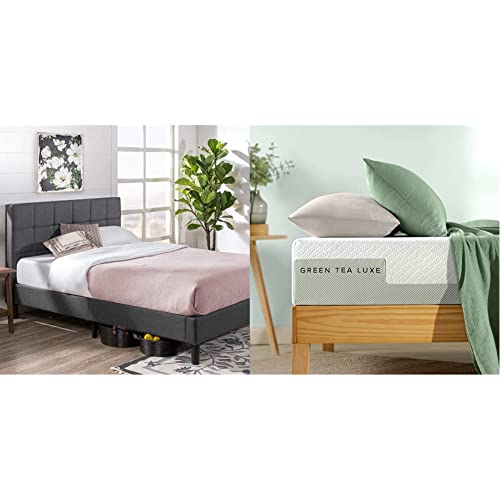 Zinus Lottie gepolstertes Rahmenbettgestell Lattenrost Holzlattenunterstützung Einfache Montage 180 x 200 cm Grau Green Tea Luxe Memory Schaum Matratze von Zinus