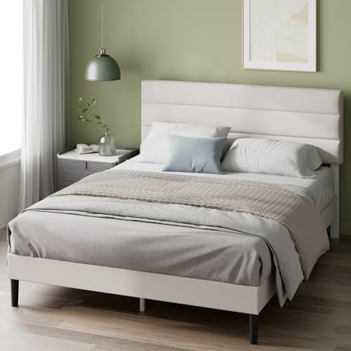 Zinus Piper Bett 140x200 cm - Höhe 30 cm - Gepolstertes Bettgestell mit Kopfteil - Lattenrost aus Holz - Kein Boxspring erforderlich – Creme, Off White von Zinus