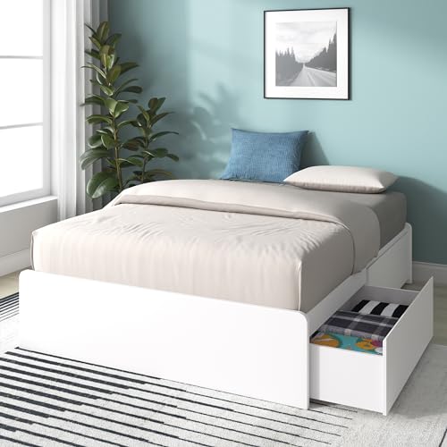 Zinus Marlow Bett 140x200 cm - Höhe 33 cm - Holzbettrahmen mit eingebauten Aufbewahrungsschubladen und Holzlatten - Weiß von Zinus
