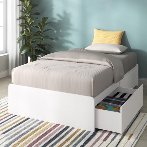 Zinus Marlow Bett 90x200 cm - Höhe 33 cm - Holzbettrahmen mit eingebauten Aufbewahrungsschubladen und Holzlatten - Weiß von Zinus