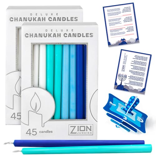 Chanukkah-Kerzen für Menora Box mit 45 Stück, mehrblau, Wachs, Chanukah-Menorah-Kerzen mit Gebetskarte & DIY-Dreidel – passend für die meisten Menora – genug für alle 8 Nächte – von Zion Judaica Chanukkah-Kerzen für Menora Box mit 45 Stück, mehrblau, Wachs, Chanukah-Menorah-Kerzen mit Gebetskarte & DIY-Dreidel – passend für die meisten Menora – genug für alle 8 Nächte – von Zion Judaica von Zion Judaica Ltd