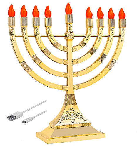 Elektrische Hanukkah-Menora LED-Leuchtmittel – Batterien oder USB-betrieben, 1,2 m langes Kabel im Lieferumfang enthalten, Batterie, Chanukah-Lichter von Zion Judaica, goldfarben von Zion Judaica Ltd