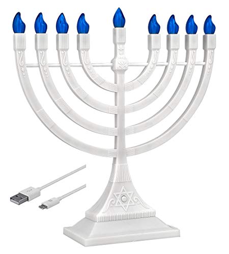 Elektronische Chanukka-Menora mit LED-Flammenform, Batterien oder USB-betrieben, 1,2 m langes Kabel, inklusive Chanukah-Batterie, von Zion Judaica (weiß) von Zion Judaica Ltd