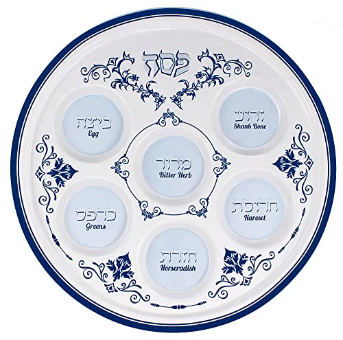 Zion Judaica Eleganter Keramik-Pessach-Seder-Teller, florales Renaissance-Design, 31,1 cm, rund, in Hebräisch und Englisch gekennzeichnet mit symbolischen Seder-Lebensmitteln, Pesach-Seder, von Zion Judaica Ltd
