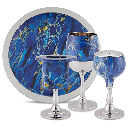 Zion Judaica Elegantes Ende des Shabbat Havdalah-Set, vernickelt, blauer Marmor-Aufkleber, Havdualah-Kerzenhalter, Besamim-Gewürzbox – Shabbos-Dekorationen von Zion Judaica Ltd