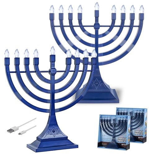 Zion Judaica Elektrische Chanukkah-Menora LED USB Powered Menora Elektronische Chanukkiah Batterie Minora flammenlose Chanukka-Kerzen (Blau, 2) von Zion Judaica Ltd