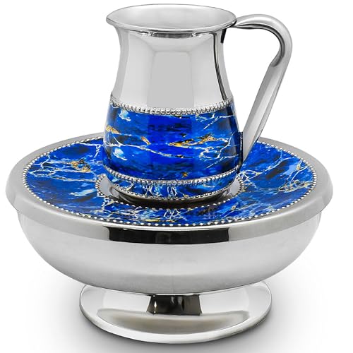 Zion Judaica Großes Mayim Achronim Set zum Ende der Mahlzeit Handwasch-Set – Aluminium mit blauem Marmor-Aufkleber, verziert für Shabbat, Yom Tov, Pesach Seder Judaica, Geschenk für Rosh Hahsanah von Zion Judaica Ltd