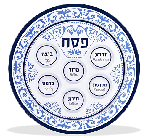 Zion Judaica Pessach-Seder-Teller, 30,5 cm, Melamin, 6 Abschnitte, markiert mit symbolischen Pessach-Seder-Lebensmitteln, rundes Seder-Tablett für Erwachsene, Kinder von Zion Judaica – Blaues florales von Zion Judaica Ltd
