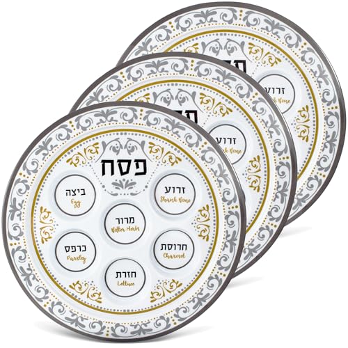 Zion Judaica Renaissance Passover Seder Teller, Gold und Silber, Blumendesign, rund, 30,5 cm, Melamin, 6 Abschnitte, gekennzeichnet mit symbolischem Pesach-Sieder, Lebensmittel-Sieder-Teller, 3 Stück von Zion Judaica Ltd