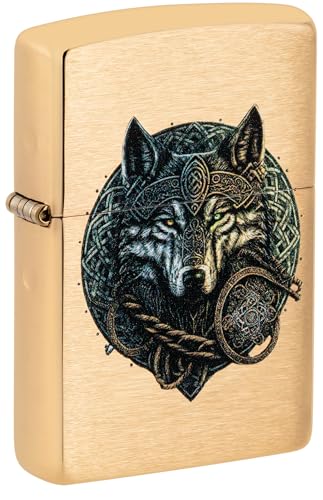 Original Zippo Feuerzeug – Wolf Warrior Design in Gebürstetem Messing (Gold) von Zippo