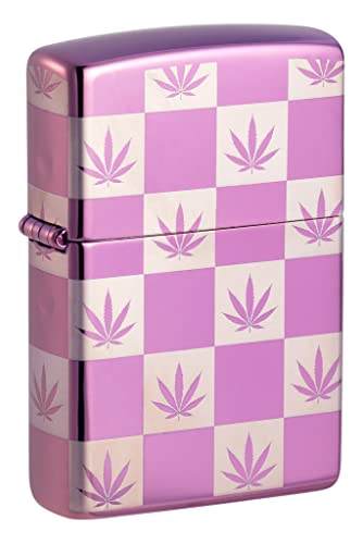 ZIPPO – Checkered Cannabis Design – High Polish Purple Photo Image 360° – Sturmfeuerzeug, nachfüllbar, in hochwertiger Geschenkbox von Zippo