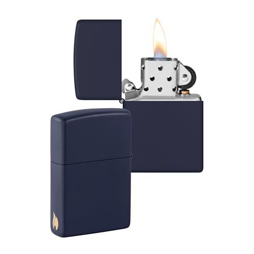 ZIPPO - Navy Blue Matte - nachfüllbares Sturmfeuerzeug in hochwertiger Geschenkbox (dunkelblau, Flammenmotiv graviert) von Zippo