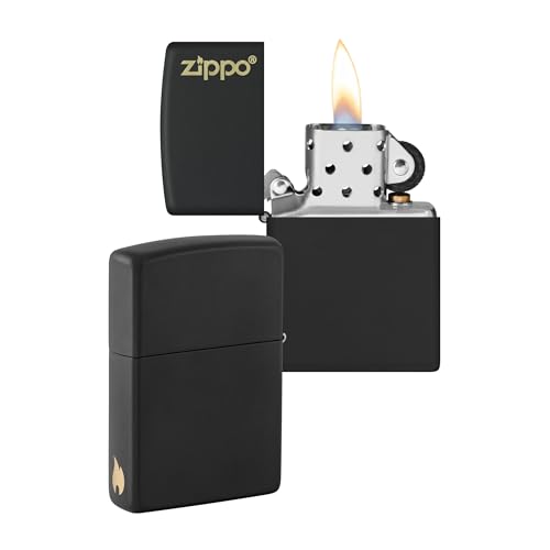 ZIPPO - Black Matte mit Logo - nachfüllbares Sturmfeuerzeug in hochwertiger Geschenkbox (schwarz, Flammenmotiv graviert) von Zippo