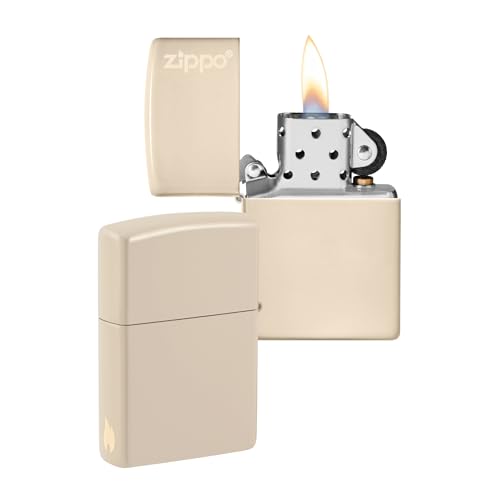 ZIPPO –– Zippo Logo und Flammenmotiv – Flat Sand – Laser Engrave und Color Image – Sturmfeuerzeug, nachfüllbar, in hochwertiger Geschenkbox von Zippo