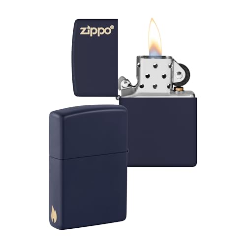 ZIPPO - Navy Blue Matte mit Logo - nachfüllbares Sturmfeuerzeug in hochwertiger Geschenkbox (dunkelblau, Flammenmotiv graviert) von Zippo