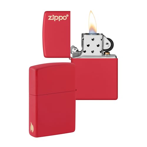 ZIPPO - Red Matte - nachfüllbares Sturmfeuerzeug in hochwertiger Geschenkbox (rot, Flammenmotiv graviert) von Zippo