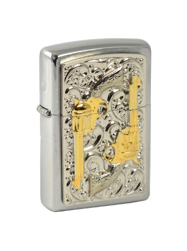 Zippo 2.004.000 Feuerzeug Revolver Volume 2 - Chrome Brushed - Emblem Platin Finish - Pistole echt Stiftvergoldet, reines Feingold Wird elektrisch aufgetragen von Zippo