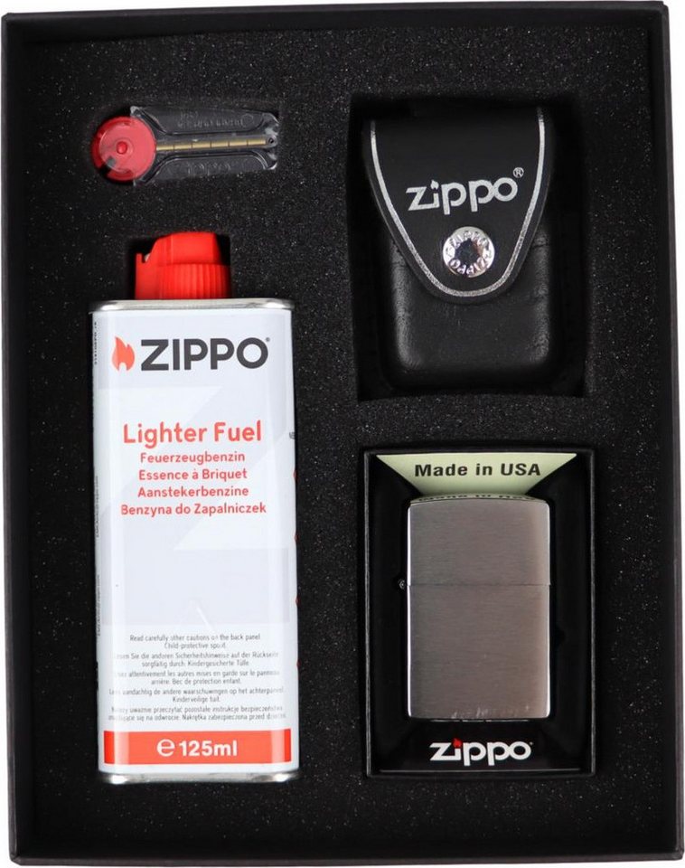 Zippo Feuerzeug Geschenkset inkl. ZIPPO Ledertasche inkl. Benzin und Feuersteinen, Echtleder Tasche von Zippo mit Schlaufe in schwarz oder braun Zippo Feuerzeug Geschenkset inkl. ZIPPO Ledertasche inkl. Benzin und Feuersteinen, Echtleder Tasche von Zippo mit Schlaufe in schwarz oder braun von Zippo