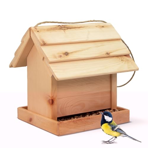 Zirbelino® ZirBIRD Wild-Vogelhaus für Gartendeko Outdoor | Futterplatz, Futterstation | Vogelfutterhaus zum Aufhängen, wetterfest, aus 100% Zirbenholz, Handarbeit von Zirbelino