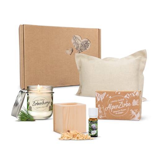 Zirben Erlebnis Geschenksbox Nr.5: Bio-Zirbenkissen mit ZirbenWürfel-Set und Zirbenduftkerze von Zirbelino